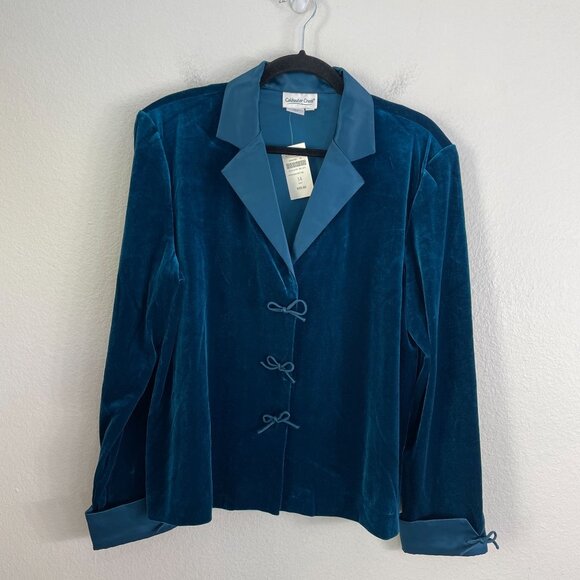 NEW Coldwater Creek Womens 14 Satin Bow Velvet Jacket Teal Blue Shoulder Pads - Picture 7 of 10